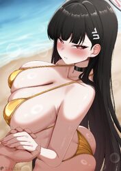 1boy 1girl alternate costume ass beach bikini black choker black hair blue archive blush breasts bright pupils choker c…