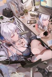 1girl absurdres applying makeup applying own makeup bangboo (zenless zone zero) blue nails boots breasts chair closed m…