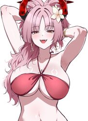 1girl armpits arms behind head bikini blue archive breasts collarbone commentary earrings fangs flower hair flower hair…