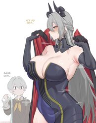 1boy 1girl absurdres adapted costume armpits asymmetrical bodysuit black horns blue eyes blush breasts cape cleavage co…