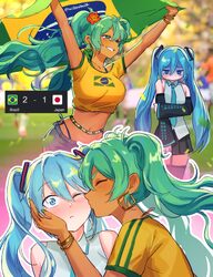 2026 fifa world cup 2girls absurdres alternate breast size (larger) aqua eyes aqua hair bare shoulders blue eyes blue h…