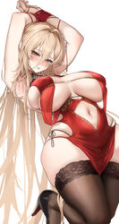1girl absurdres azur lane bare shoulders bdsm black thighhighs blonde hair bondage bound bound wrists breast curtains b…