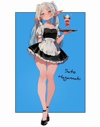 1girl alternate costume apron arm behind back artist name black dress black shoes blue background blush border commenta…