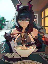 1girl absurdres arknights arknights  endfield bare shoulders black gloves black hair blush bowl breasts cellphone chops…