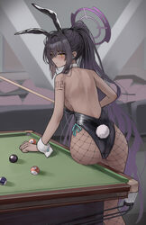 1girl absurdres animal ears arm tattoo ass ball billiard ball billiard table billiards black hair blue archive breasts …