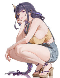 1girl absurdres alternate costume ankle ribbon artist name bare shoulders blue overalls braid breasts closed mouth comm…