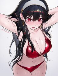 1girl @ @ absurdres adjusting hair alternate costume armpits arms behind head arms up bikini black hair blush breasts c…