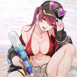 1girl a-ka baseball cap beach bikini breasts cleavage commentary request earrings eyewear on head hat heterochromia hig…