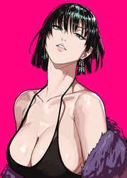 1girl absurdres bare shoulders black dress black hair blunt bangs breasts cleavage collarbone commentary dress earrings…