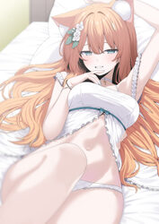 1girl absurdres alternate costume alternate hairstyle animal ear fluff animal ears arms up b.t. (boob tong) bed blue ar…