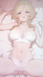 1girl absurdres blonde hair blue eyes bra breasts brown hair commentary frown genshin impact highres large breasts long…