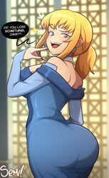 1girl ass blue eyes blurry blurry background breasts commentary dc comics dress english commentary english text huge as…