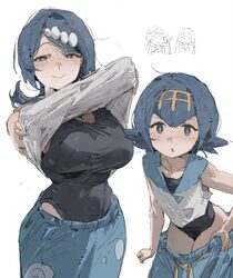 4girls absurdres alternate breast size (larger) blue eyes blue hair blush breasts commentary request freckles hair orna…