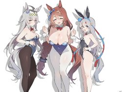 3girls absurdres ahoge animal ears bare shoulders black leotard black pantyhose blue eyes blue hairband blue leotard bl…