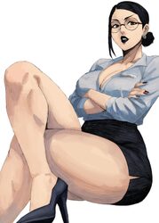 1girl absurdres alternate breast size (larger) black hair black lips black nails black shoes black skirt breasts cleava…