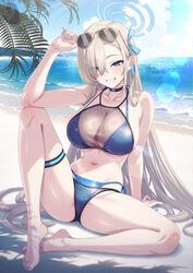 1girl arm on knee arm support arm up asuna (blue archive) asuna (c108 swimsuit) (blue archive) bare shoulders barefoot …