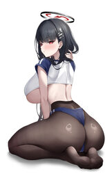 1girl absurdres alternate costume ass barefoot black hair blue archive blue buruma breasts bright pupils buruma closed …
