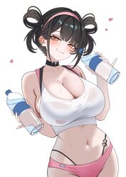 1girl absurdres black choker black hair bottle breasts buruma choker cleavage commentary curvy english commentary godde…