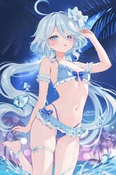 1girl  p ahoge barefoot bikini blue bikini blue bow blue eyes blue hair blue nails blue pupils blush bow breasts commen…