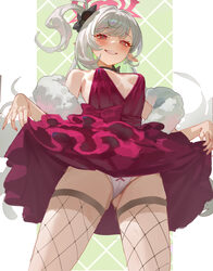 1girl absurdres blue archive breasts clothes lift commentary dress dress lift fishnet thighhighs fishnets grey hair haa…