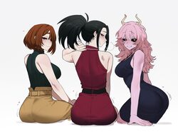 3girls absurdres aged up ashido mina ass bare shoulders belt black dress black eyes black hair blush boku no hero acade…