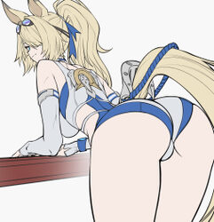 1girl animal ears ass ass focus bare shoulders bent over blonde hair breasts commentary detached sleeves english commen…