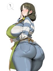 1girl ? absurdres apron ass blue pants blush breasts bright pupils closed mouth commentary request denim green apron gr…