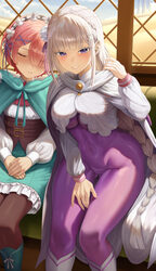 2girls black pantyhose blush bodysuit braid breasts cloak closed eyes commentary crown braid emilia (re zero) english c…