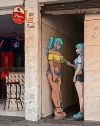 2girls against wall alley alternate breast size (larger) aqua eyes aqua hair argentina argentinian flag argentinian fla…