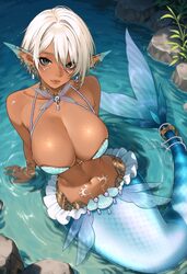 1girl absurdres arm support blue eyes breasts cleavage closed mouth collarbone dark-skinned female dark skin ear pierci…