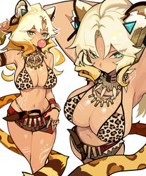 1girl animal ears animal print bikini blonde hair breasts chewing gum commentary cosplay distr english commentary gensh…