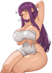 1girl absurdres arm under breasts arm up armpits blunt bangs blush breasts closed mouth collarbone commentary covered n…