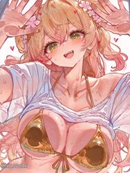 1girl  d ai-assisted bikini blonde hair breast press breasts clothes lift collarbone commentary english commentary fron…