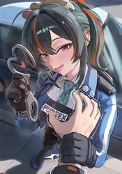 1boy 1girl  q absurdres black gloves black hair blue jacket blush breasts checkered necktie collared shirt cuffs film g…