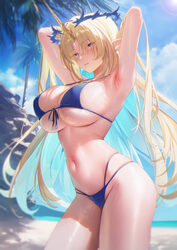 1girl absurdres alternate costume armpits arms behind head arms up bikini blonde hair blue bikini blue eyes blue hair b…