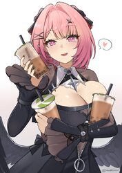 1girl absurdres black dress black shrug black wings breasts bubble tea chest belt cleavage cup dress hair intakes highr…