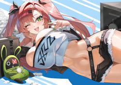 1girl absurdres amillion (zenless zone zero) black ribbon blush breasts commentary request crop top curvy green eyes ha…