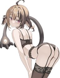 1girl absurdres arched back ass bent over black bra black panties black thighhighs blonde hair bra breasts brown hair c…