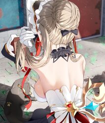 1girl adjusting hair ashru (genshin impact) backboob bare back black cat black collar black sleeves braid braided base …