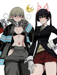 2girls absurdres bad id bad twitter id black bra black hair black jacket blonde hair blush bra breasts brown eyes cloth…