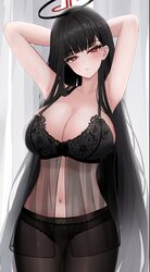1girl arms behind head babydoll black babydoll black bra black hair black panties black pantyhose blue archive bra brea…