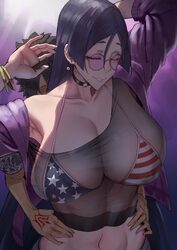 1boy 1girl absurdres american flag american flag bikini american flag print arms up bare shoulders bikini black hair bl…