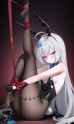 1girl abpart absurdres animal ears bare arms bare shoulders black gloves black leotard black pantyhose blue eyes bound …