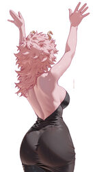 1girl absurdres arms up ashido mina ass back bare shoulders black dress boku no hero academia breasts colored skin comm…