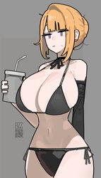 1girl alternate breast size (larger) arm behind back azz0422 bikini black bikini black gloves blonde hair breasts close…