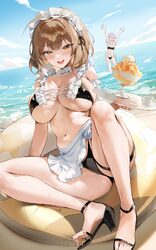 2girls absurdres alternate costume anis (nikke) apron beach bikini blurry breasts brown hair choyeon cleavage commentar…