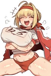 1girl absurdres blonde hair blush breasts closed eyes crossed arms ebora fate/grand order fate (series) gym uniform hai…