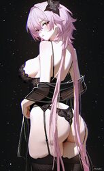 1girl absurdres artist name ass black corset black garter straps black panties black thighhighs breasts commentary cors…