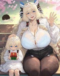 1boy 2girls  d absurdres apple apel artistic error black pantyhose black shorts blonde hair blue eyes blush bra breasts…