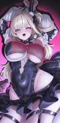 1girl 4mmmmu absurdres black leotard black skirt blonde hair blush breasts chalky (zenless zone zero) cissia (zenless z…